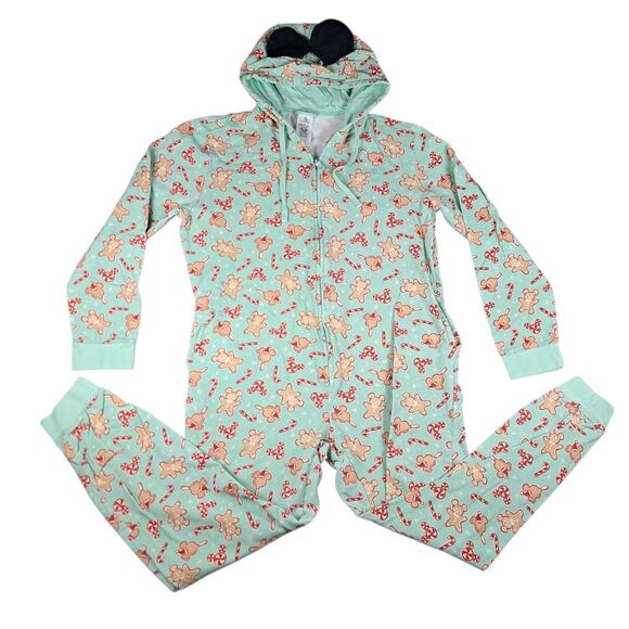 Disney Mickey Mouse Holiday Treats One Piece Adult Large Pajamas Hooded W Ears S - Picture 1 of 9